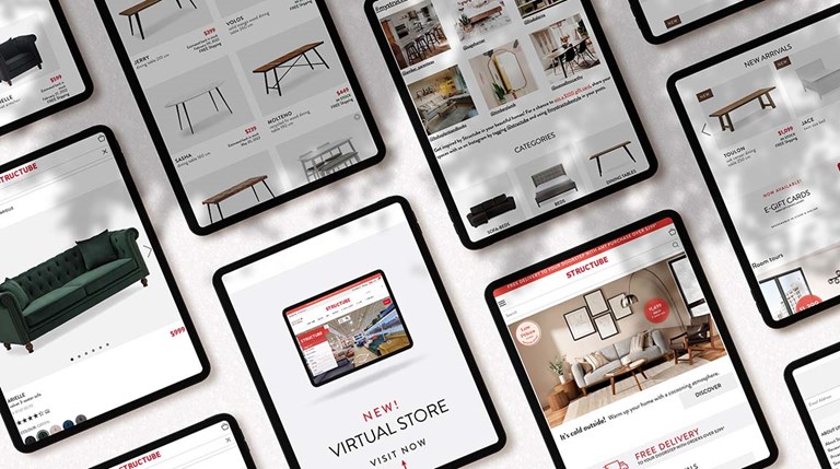 Mockups of multiple tablets on a grey background showcasing Structube's new headless site