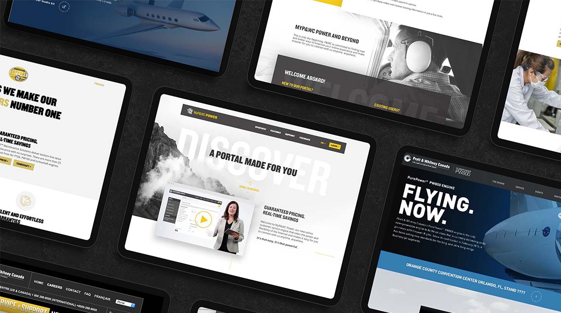 Dark mockup of multiple tablets featuring Pratt & Whitney website pages