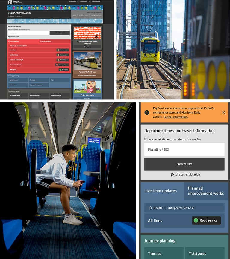 Grid of four images / one screenshot of the TfGM website page, a yellow Manchester train, a man sitting on the train enjoying the journey and a mobile screenshot of a TfGM trip