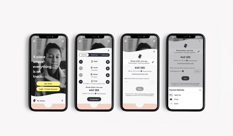 Four smartphones displaying screens of a travel booking app with options to buy tickets, select passengers, and payment methods.