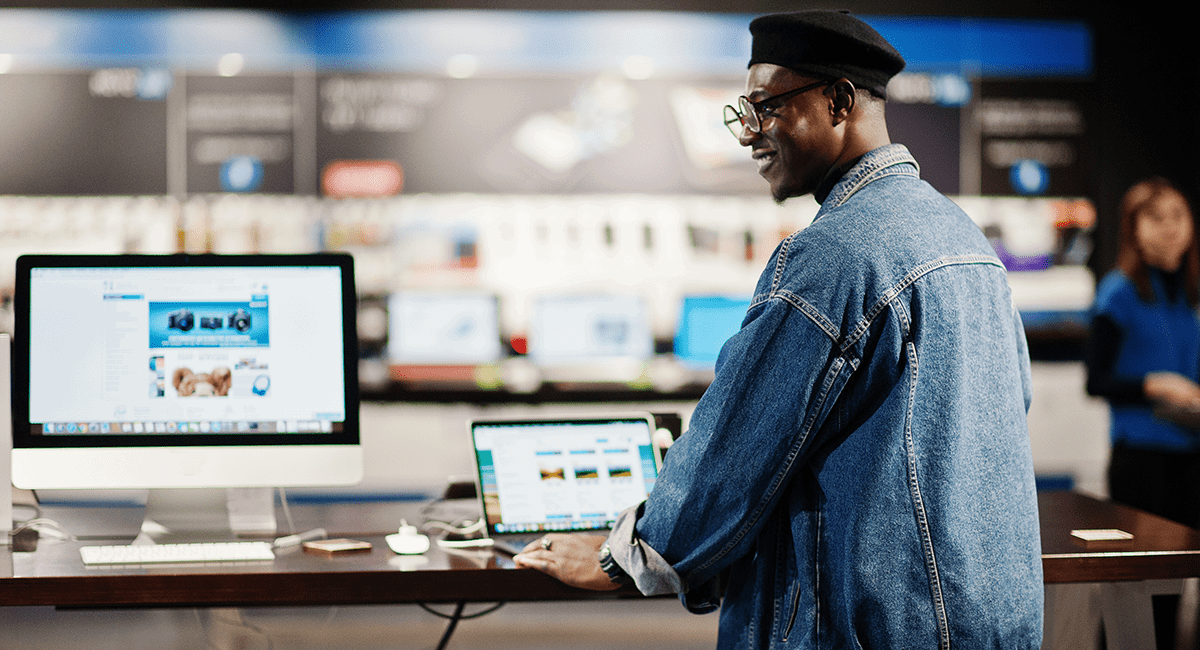 The Future Is Omni image of someone in Apple store