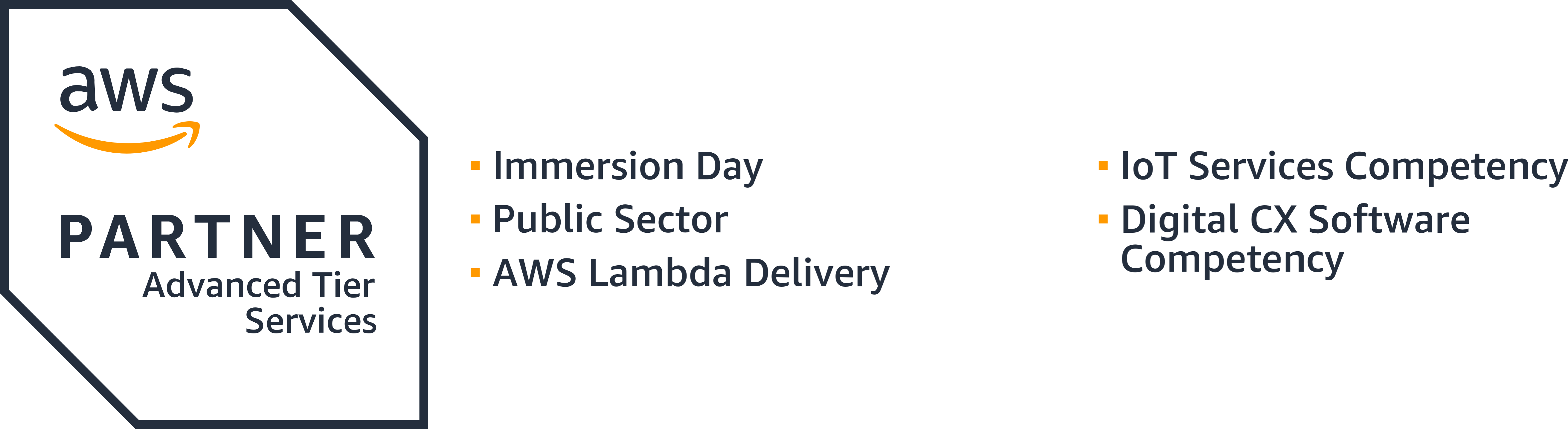 AWS logo plus PARTNER Advanced Tier Services. Bulleted list with: Immersion Day, Public Sector, AWS Lambda Delivery, IoT Services Competency, Digital CX Software Competency