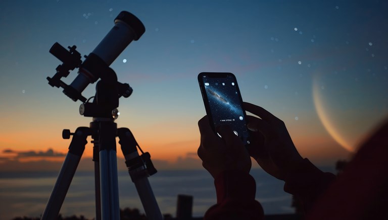A person holds a smartphone while taking a picture of the night sky through a telescope. The scene is set at dusk, with the sky transitioning from the warm hues of sunset to the deep blues of night. Stars are visible, and the smartphone screen shows a detailed image of the stars, possibly capturing the Milky Way. The telescope is silhouetted against the sky, adding to the serene and focused atmosphere of stargazing.