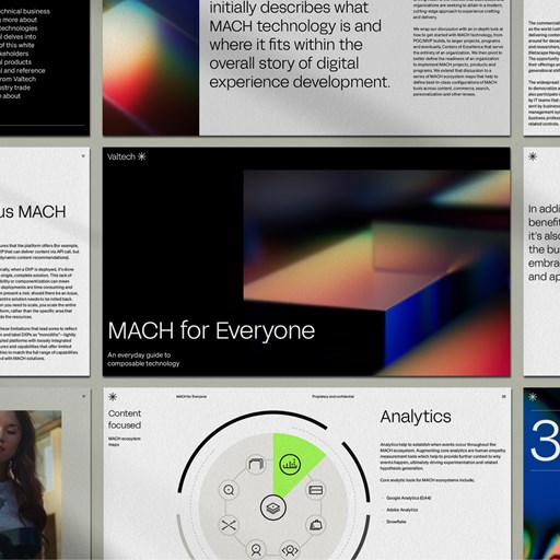 A multi-page mockup showcasing different aspects of MACH technology, presented by Valtech.