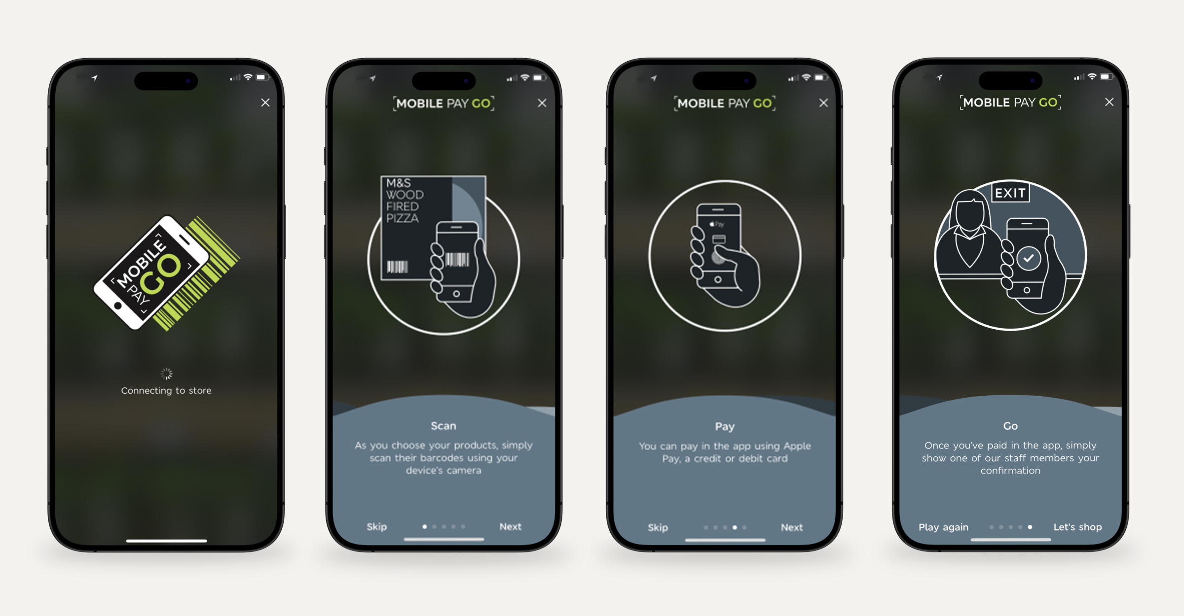 A set of four smartphones displaying different screens of a "Mobile Pay Go" app.