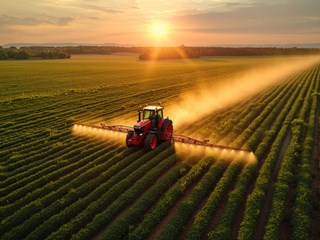 A tractor spraying crops in a large field at sunset, representing agriculture and manufacturing.