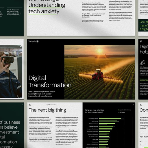 Collage of digital transformation themes in agriculture and manufacturing, showcasing a mix of graphs, text, and images