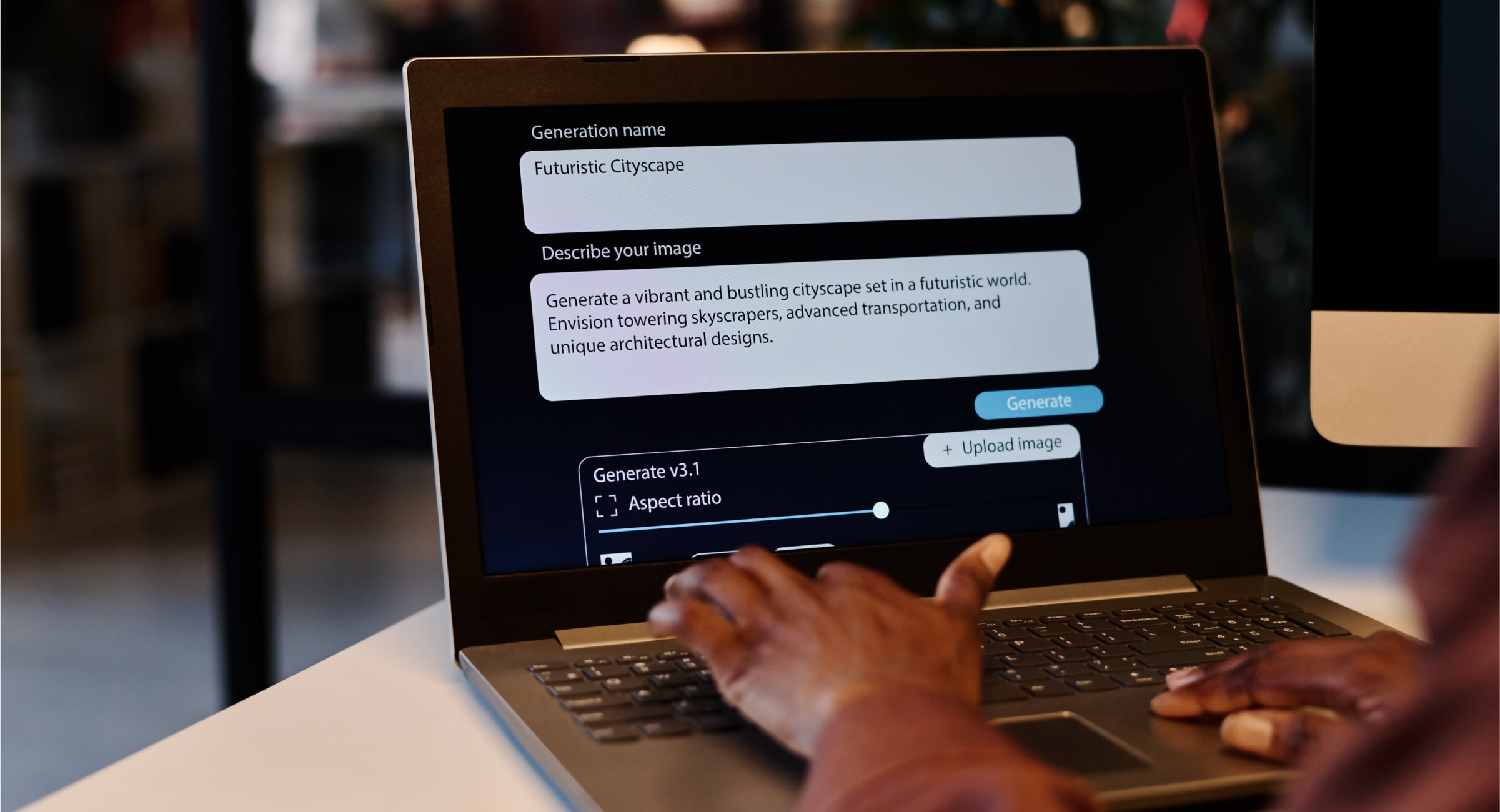 A person uses a laptop to generate a futuristic cityscape image with AI software. The laptop screen displays text input fields labeled "Generation name" and "Describe your image," with the user entering "Futuristic Cityscape" and a description of a vibrant and bustling cityscape. The interface also shows options for generating the image and adjusting the aspect ratio. The setting appears to be a modern office environment, with the user's hands on the keyboard.