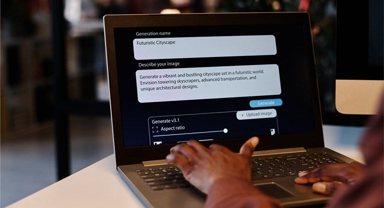 A person uses a laptop to generate a futuristic cityscape image with AI software. The laptop screen displays text input fields labeled "Generation name" and "Describe your image," with the user entering "Futuristic Cityscape" and a description of a vibrant and bustling cityscape. The interface also shows options for generating the image and adjusting the aspect ratio. The setting appears to be a modern office environment, with the user's hands on the keyboard.