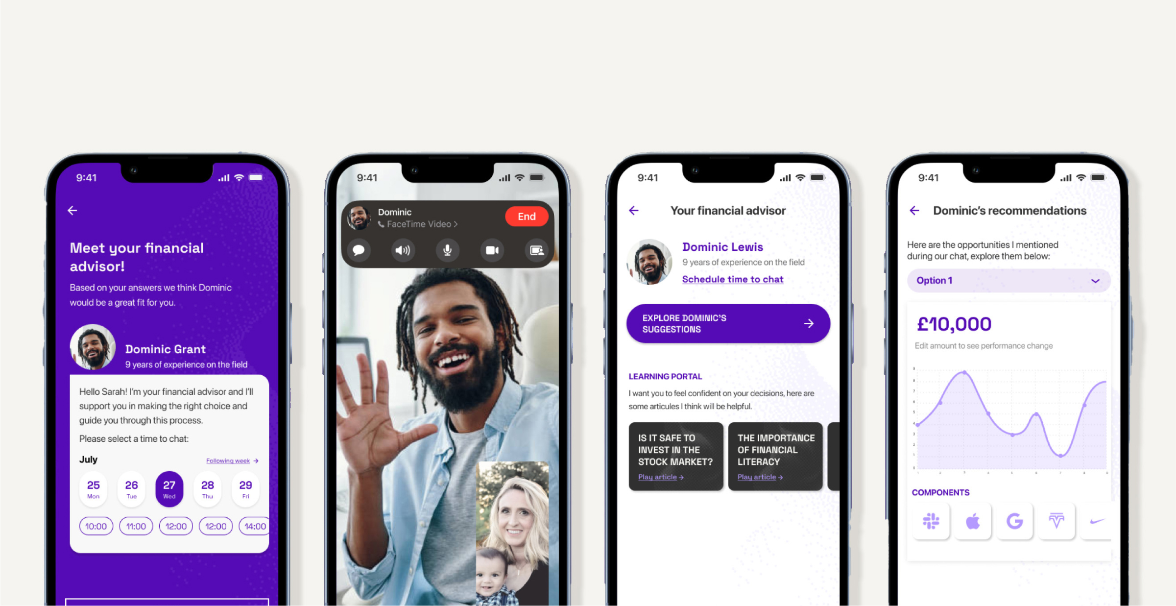 Four smartphone screens show a financial advisory app with an introduction, video call, advisor suggestions, and investment recommendations.