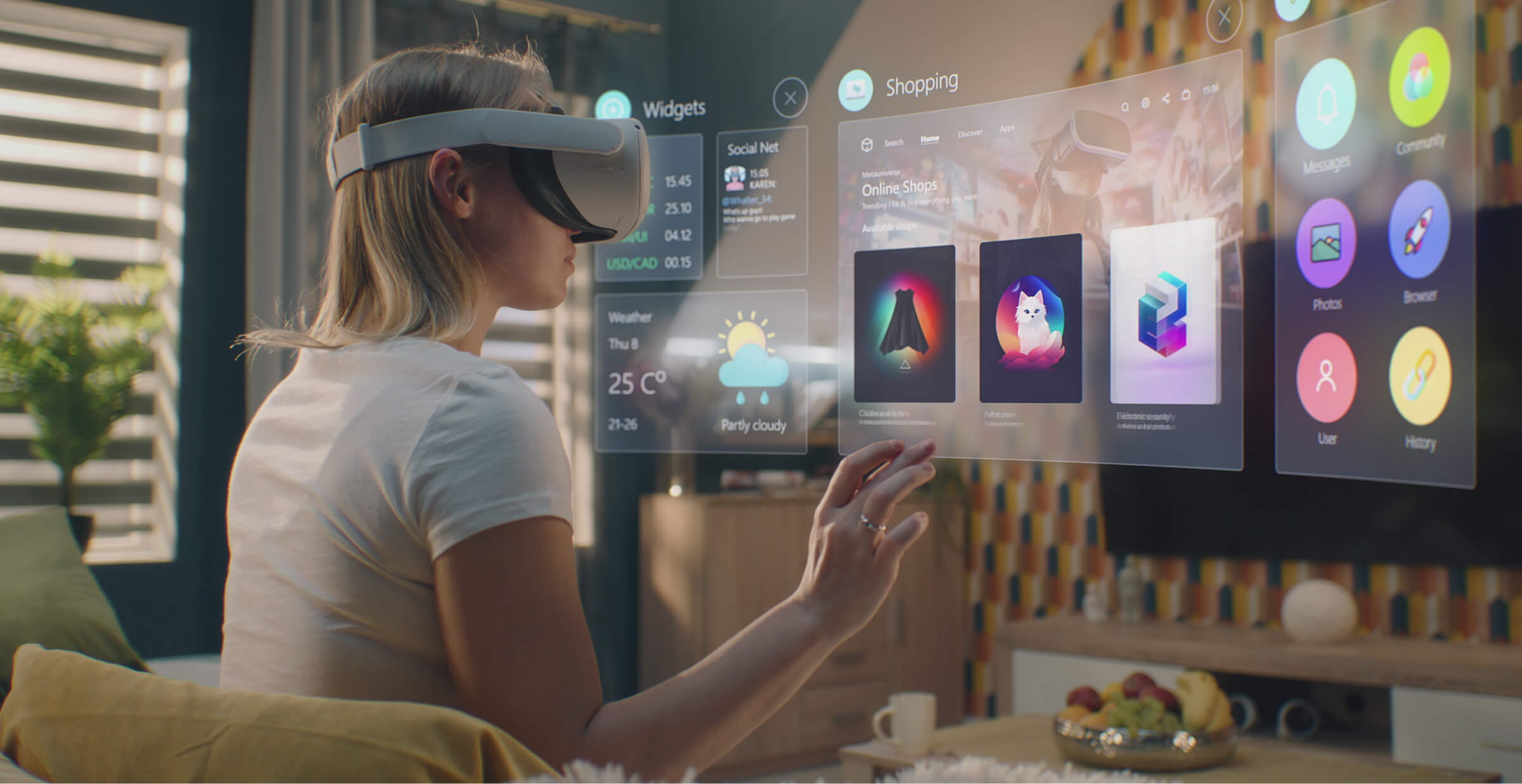 A woman interacts with virtual interfaces using a VR headset in a modern living room, navigating shopping and apps.