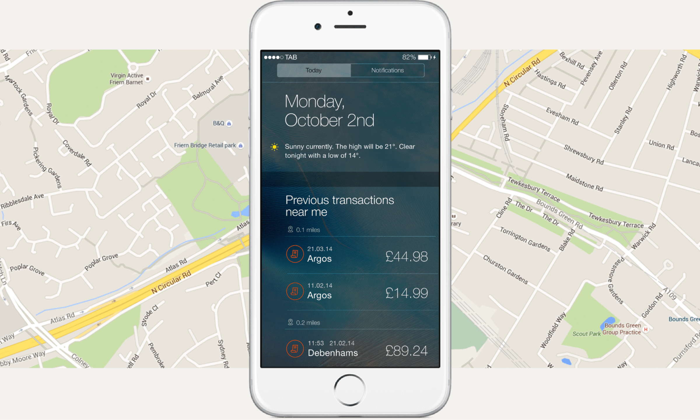 The image shows a light-colored mockup of a smartphone with the lock screen. On the lock screen "Previous transactions near me" are displayed, with two transactions in 0.1 miles and one transaction in 0.2 miles. The background around the smartphone is a minimalistic map of the area.