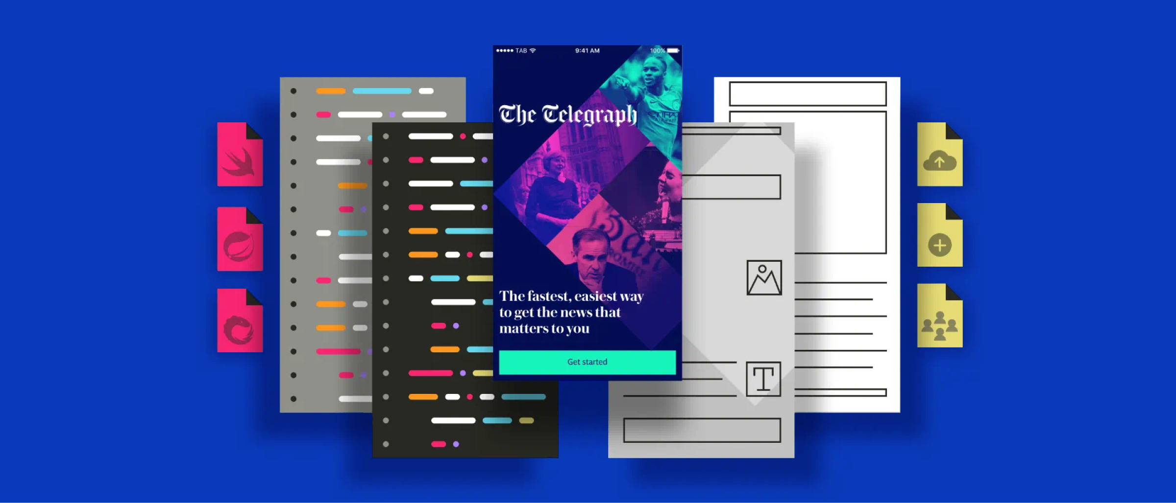 Illustration showing the architecture of The Telegraph app, featuring a colorful mobile screen with news content and a 'Get started' button. Surrounding the phone are graphic elements representing coding, design files, and data integration, symbolizing the app's development process