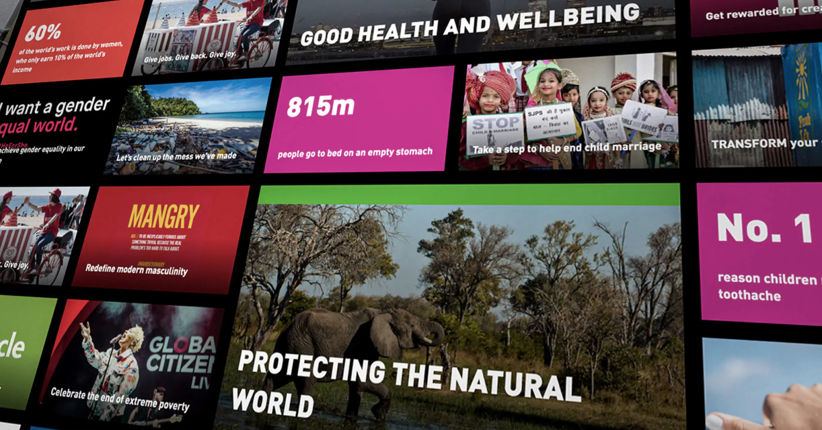 Tilted screenshot of a listing view grid from the Unilever Action Hub, presenting a vibrant grid of initiatives aimed at promoting social and environmental change. The display includes various colorful tiles with images and text, such as "Good Health and Wellbeing," "Take a step to help end child marriage," "Protecting the Natural World," and "Redefine modern masculinity." The content emphasizes different themes like gender equality, environmental protection, and health, engaging users to explore and take part in meaningful actions.