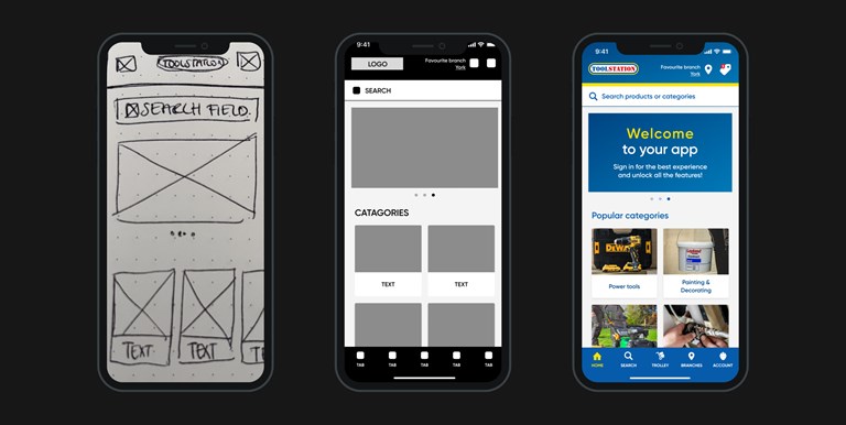 Three mobile screens showing the design evolution of the Toolstation app. The first screen is a hand-drawn wireframe sketch with placeholders for a search field and product categories. The second screen is a black-and-white digital wireframe with basic structure and placeholders. The third screen is the final version, featuring a colorful, fully designed interface with product categories like power tools and painting supplies, along with navigation options at the bottom.