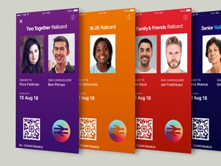 Image showing four digital railcards displayed on a mobile device. The railcards are for different categories: Two Together Railcard, 16-25 Railcard, Family & Friends Railcard, and Senior Railcard. Each card displays a photo of the cardholder, a QR code for scanning, and the expiration date.