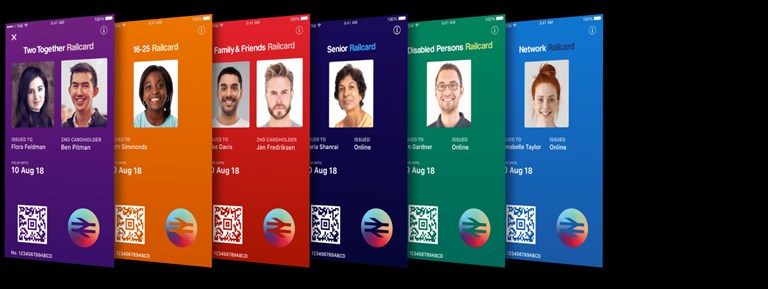 Image showing four digital railcards displayed on a mobile device. The railcards are for different categories: Two Together Railcard, 16-25 Railcard, Family & Friends Railcard, and Senior Railcard. Each card displays a photo of the cardholder, a QR code for scanning, and the expiration date.