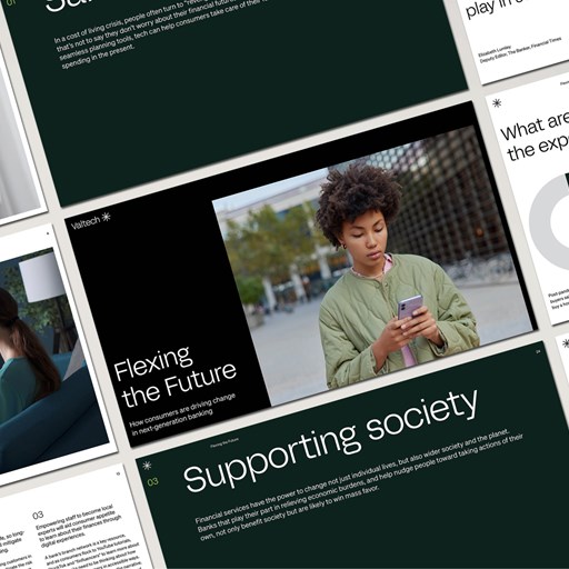 A multi-page presentation mockup showcasing key themes in financial services, including 'Flexing the Future' with a central image of a young woman using her smartphone outdoors. Other sections discuss supporting society and expert insights on financial trends.