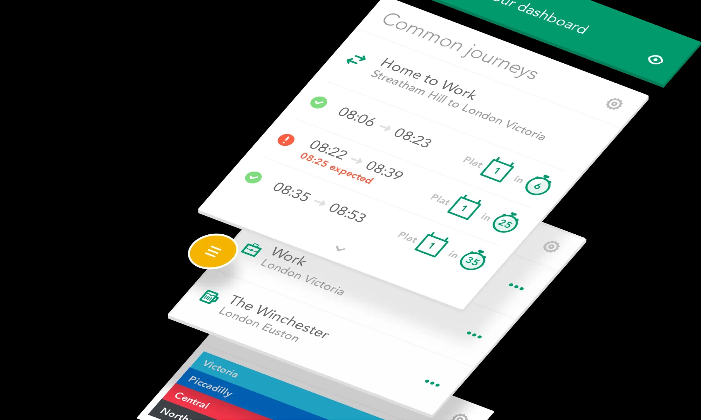 A stacked view of a smartphone interface showing multiple journey plans, including real-time updates and platform information for common routes such as 'Home to Work'.