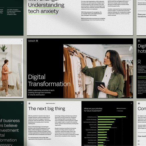 A multi-page mockup of a presentation or digital transformation report. The slides feature various topics, including digital transformation, leadership priorities in tech, and addressing tech anxiety in retail and distribution. One page shows a bar chart, while others highlight retail transformation strategies and technology adoption. The visuals are clean and professional, with a dark green and white color palette. A central image on one slide shows a woman inspecting clothing in a retail environment.