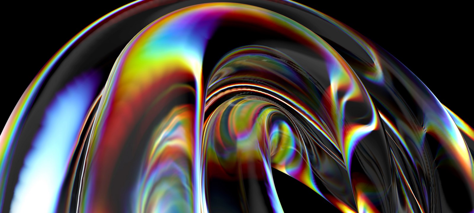 A 3D render of a glass-like object featuring vibrant dispersion and iridescent color effects, with smooth curves and reflections against a dark background.