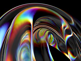 A 3D render of a glass-like object featuring vibrant dispersion and iridescent color effects, with smooth curves and reflections against a dark background.