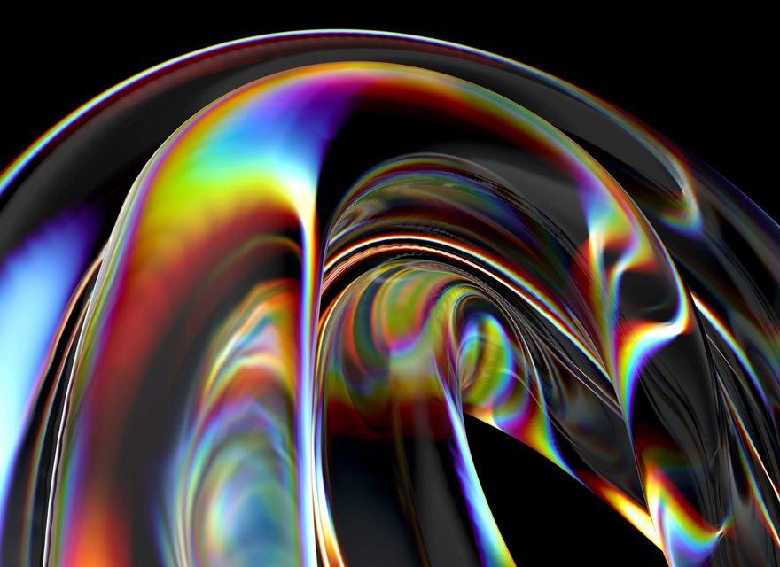 A 3D render of a glass-like object featuring vibrant dispersion and iridescent color effects, with smooth curves and reflections against a dark background.