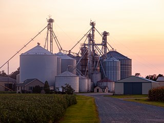A large industrial farm with several metal grain silos and granary elevators, surrounded by fields and buildings, set against a soft sunset sky.