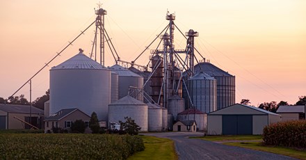 A large industrial farm with several metal grain silos and granary elevators, surrounded by fields and buildings, set against a soft sunset sky.