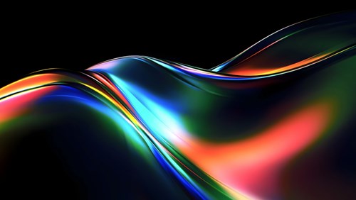 A vibrant abstract image featuring flowing, wave-like curves with a reflective surface, blending bright colors including blue, green, red, and yellow against a black background, creating a dynamic and futuristic effect.