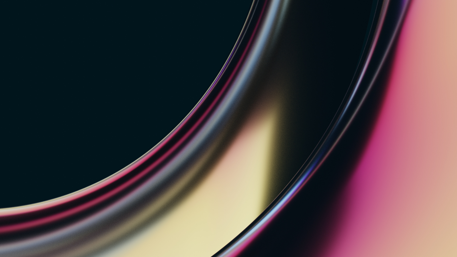 An abstract close-up of smooth, curved surfaces with gradient lighting in shades of pink, yellow, and black, representing a modern or futuristic design element.