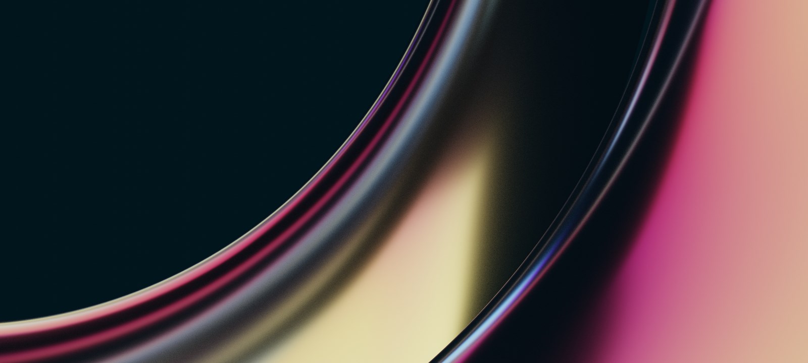 An abstract close-up of smooth, curved surfaces with gradient lighting in shades of pink, yellow, and black, representing a modern or futuristic design element.