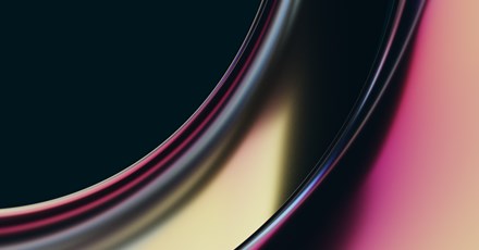An abstract close-up of smooth, curved surfaces with gradient lighting in shades of pink, yellow, and black, representing a modern or futuristic design element.