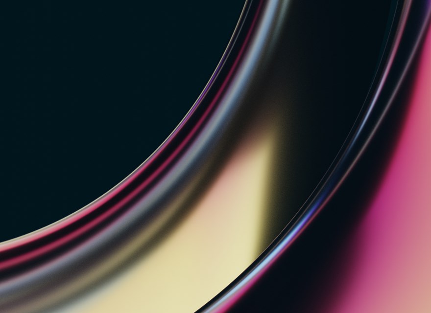 An abstract close-up of smooth, curved surfaces with gradient lighting in shades of pink, yellow, and black, representing a modern or futuristic design element.