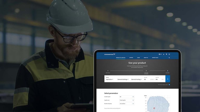 Image of a manufacturing worker with a white hard had and yellow and black safety jacket checking a tablet overlayed by a mockup of the Grundfos 'Size Your Product' page