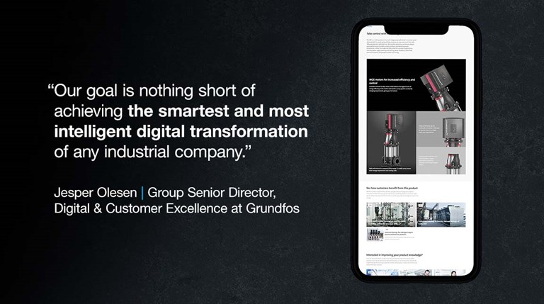 Mobile Phone Mockup on a dark background showing the CRE Product page from Grundfos.com with a quote from Jesper Olesen, Group Senior Director, Digital & Customer Excellence at Grundfos which reads: “Our goal is nothing short of achieving the smartest and most intelligent digital transformation of any industrial company.”