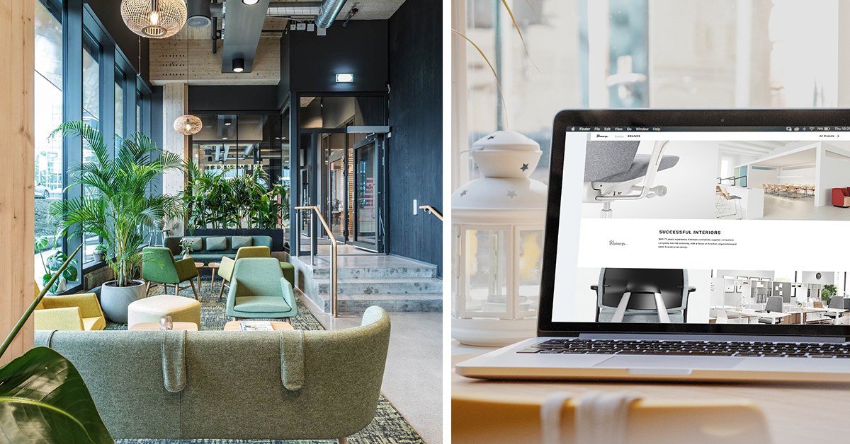 2 images - left is a seating cluster and the right is a laptop with Kinnarps website showing